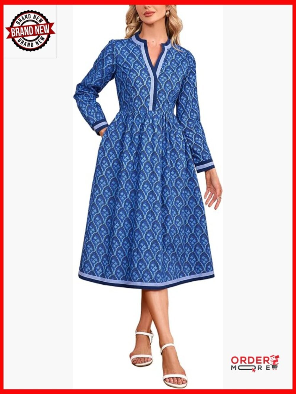 Long Sleeve Floral Midi Dress with Pockets and Elastic Waist